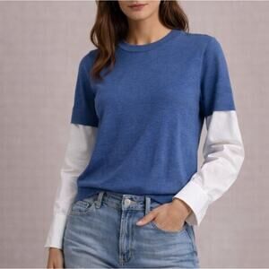 Veronica Beard Roscoe Mixed Media Sweater Medium Blue White Layered Merino Wool